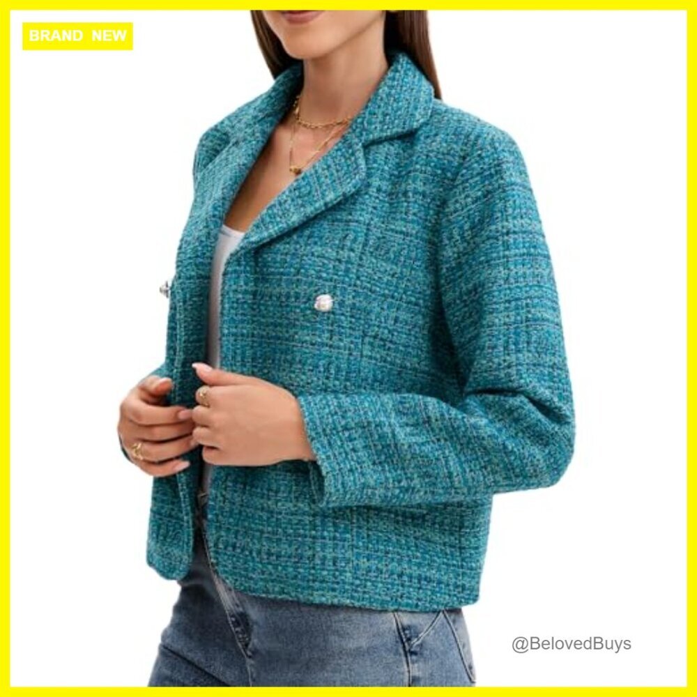 Short Tweed Blazer Double Breasted Pearl Button Work Casual Jacket - Picture 3 of 7